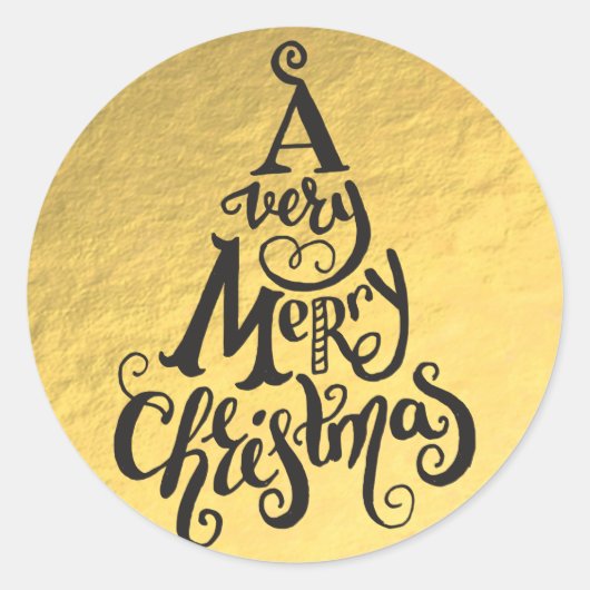 ゴールドフォイルホリデークリスマスツリーメリークリスマス ラウンドシール (正面)