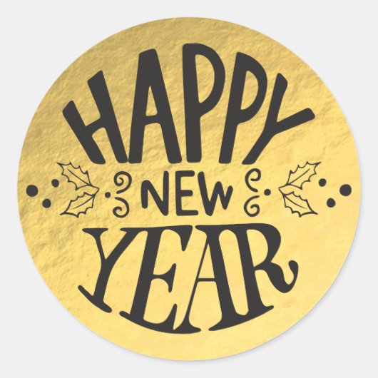 ゴールドフォイルホリデーグラムスクリプトハッピーニューイヤー ラウンドシール (正面)