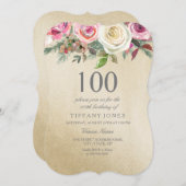 ゴールドフォイルホワイトピンクローズ100誕生日招待状 招待状 (正面/裏面)