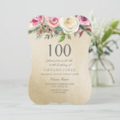 ゴールドフォイルホワイトピンクローズ100誕生日招待状 招待状 (スタンド正面)