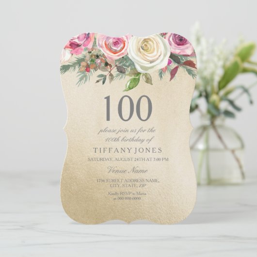 ゴールドフォイルホワイトピンクローズ100誕生日招待状 招待状 (スタンド正面)