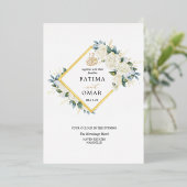 ゴールドフォイルホワイトフローライスラム結婚教徒 箔招待状 (立ち正面)