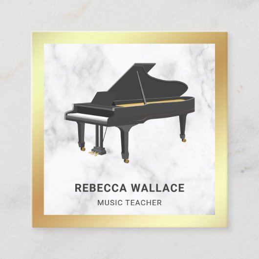 ゴールドフォイルホワイトマーブルグランドピアノ先生ピアニスト スクエア名刺 (正面)