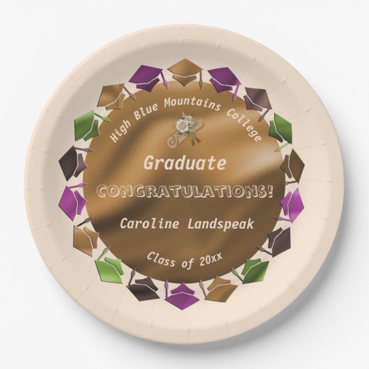 ゴールドフォイルホワイトローズ2025年卒業 ペーパープレート (正面)