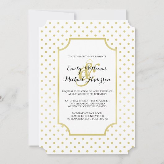 ゴールドフォイルポルカドットモダン結婚式招待状 招待状 (正面)
