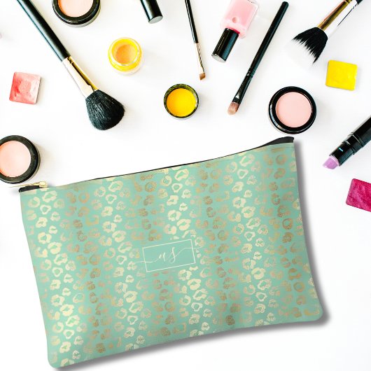 ゴールドフォイルミントグリーンレオパードモノグラムのプリント アクセサリーポーチ