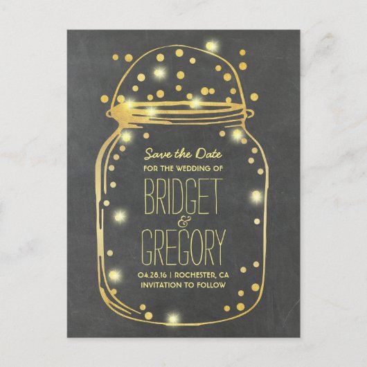 ゴールドフォイルメイスンジャー – 紙吹雪保存日付 案内ポストカード (正面)