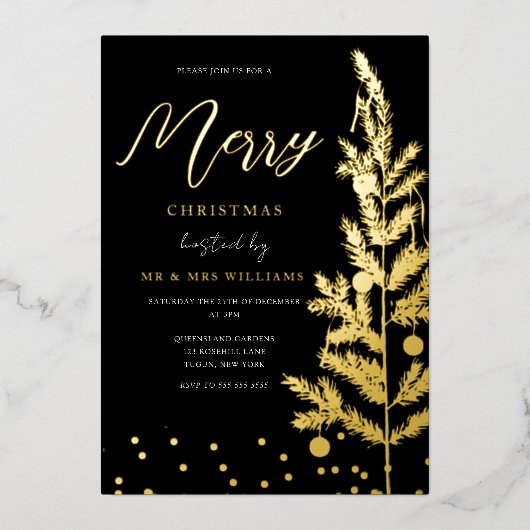 ゴールドフォイルメリークリスマスパーティーツリーゴールデン 箔招待状 (正面)