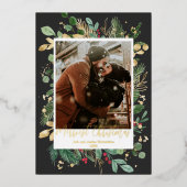 ゴールドフォイルメリースクリスマスブラック金ゴールドレッドホリー 箔シーズンカード (正面)