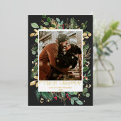 ゴールドフォイルメリースクリスマスブラック金ゴールドレッドホリー 箔シーズンカード (立ち正面)