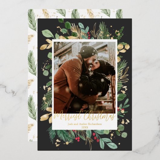 ゴールドフォイルメリースクリスマスブラック金ゴールドレッドホリー 箔シーズンカード (正面/裏面)