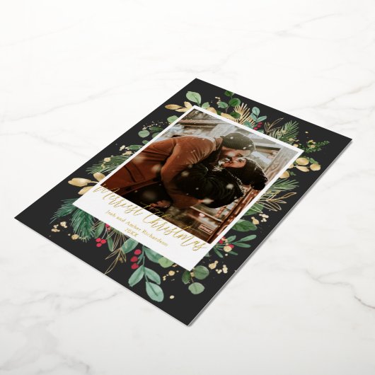 ゴールドフォイルメリースクリスマスブラック金ゴールドレッドホリー 箔シーズンカード (回転した状態)