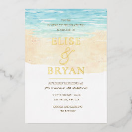 ゴールドフォイルモダンウォーターカラービーチ結婚式 箔招待状