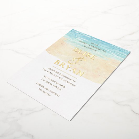 ゴールドフォイルモダンウォーターカラービーチ結婚式 箔招待状 (回転した状態)