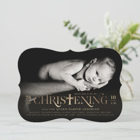 ゴールドフォイルモダンクロスはっきりした《キリスト教》洗礼式や命名式宗教 招待状 (スタンド正面)