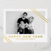 ゴールドフォイルモダンストライプフォトハッピー新年 箔シーズンポストカード (正面)
