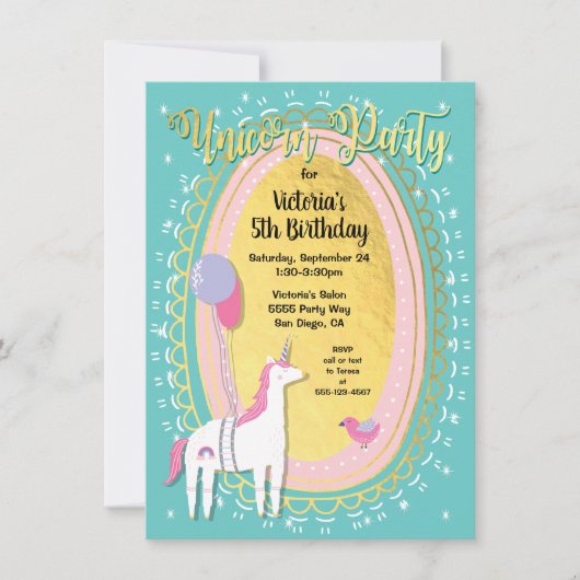 ゴールドフォイルユニコーンバースデーパーティ招待状 招待状 (正面)
