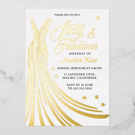 ゴールドフォイルラグジュアリーガウン60thバースデーパーティ実在ー 箔招待状 (正面)