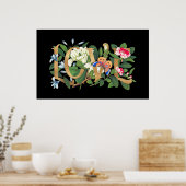 ゴールドフォイルラブ文字ヴィンテージフローラボタニカルブラック ポスター (キッチン)