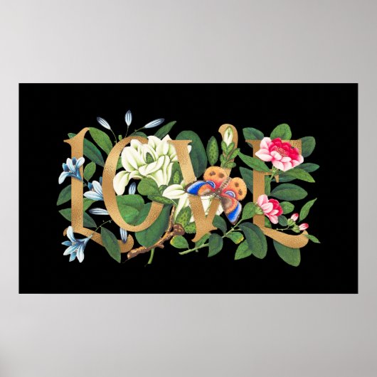 ゴールドフォイルラブ文字ヴィンテージフローラボタニカルブラック ポスター (正面)