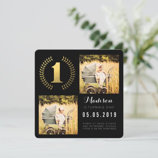 ゴールドフォイルリース1stバースデーフォトカード 招待状 (スタンド正面)
