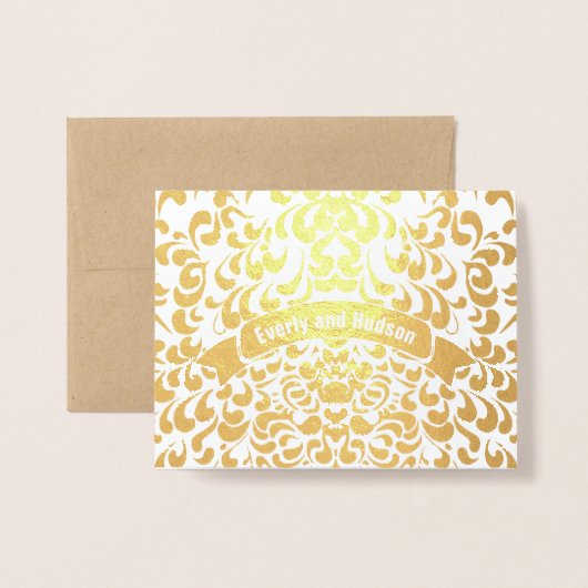 ゴールドフォイルリーフタイポグラフィ結婚式招待状 箔カード (封筒付き正面)