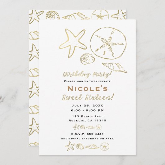 ゴールドフォイルルックシーシェルシックビーチスウィート16 招待状 (正面/裏面)