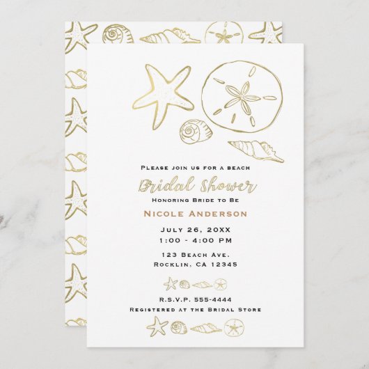 ゴールドフォイルルックシーシェルシックビーチブライダルシャワー 招待状 (正面/裏面)