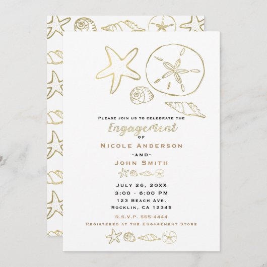 ゴールドフォイルルックシーシェルシックビーチ婚約 招待状 (正面/裏面)