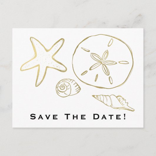 ゴールドフォイルルックシーシェルシックビーチ日付を保存 ポストカード (正面)