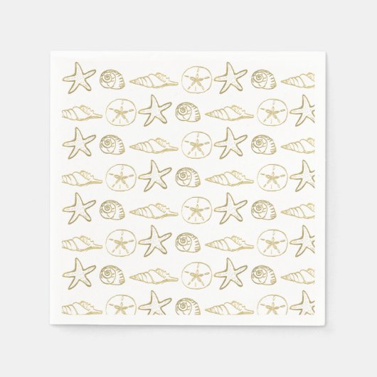 ゴールドフォイルルックシーシェルシックビーチ白エレガント色 スタンダードカクテルナプキン (正面)