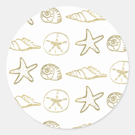 ゴールドフォイルルックシーシェルシックビーチ白エレガント色 ラウンドシール (正面)