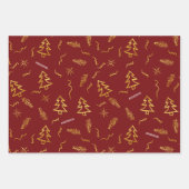 ゴールドフォイルレッドグリーンクリスマスツリーパターンホリデー ラッピングペーパーシート (正面)