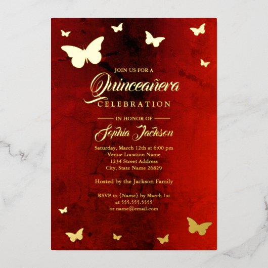 ゴールドフォイルレッドバタフライキンセアニェラ 箔招待状 (正面)