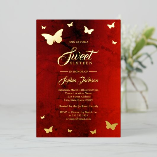 ゴールドフォイルレッドバタフライスウィート16パーティー 箔招待状 (立ち正面)