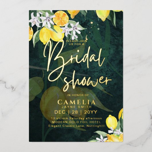 ゴールドフォイルレモンザイストブライダルシャワーQRコード 箔招待状 (正面)