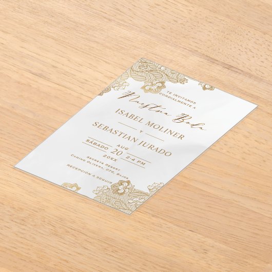 ゴールドフォイルレース華美ヌエストラスペインのボダ結婚ズ アクリル招待状 (レイダウン)