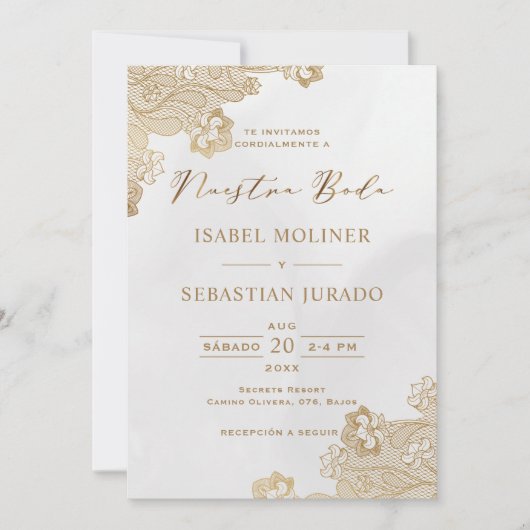 ゴールドフォイルレース華美ヌエストラスペインのボダ結婚ズ 招待状 (正面)