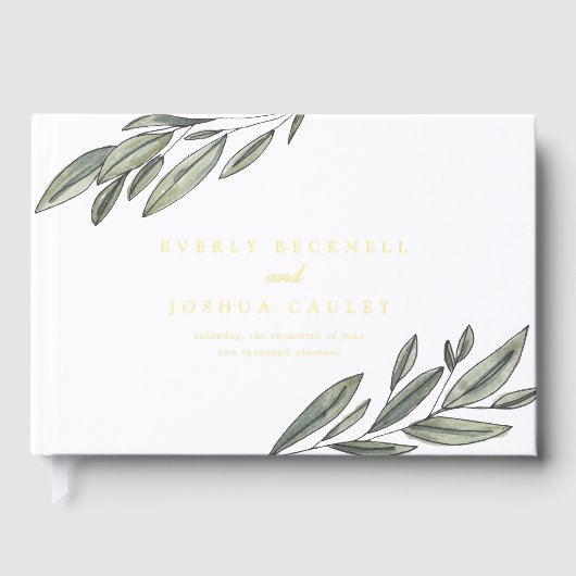 ゴールドフォイルロマンチックな常緑植物体結婚の ゲストブック (正面)