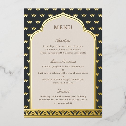 ゴールドフォイルロータスフラワーインディアン結婚のメニューカード 箔招待状 (正面)