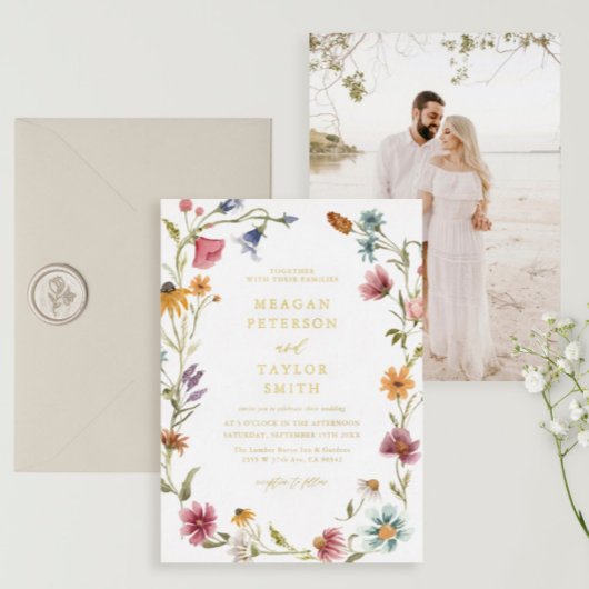 ゴールドフォイルワイルドフラワー庭園の結婚式結婚ズ 箔招待状