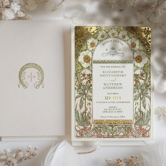 ゴールドフォイルヴィンテージウェディング招待状アールヌーボー 箔招待状