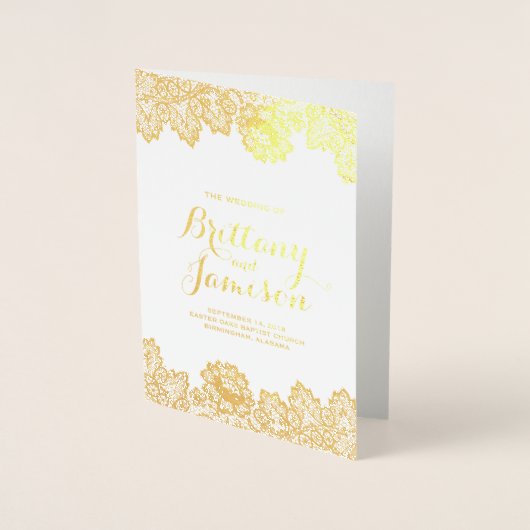 ゴールドフォイルヴィンテージレースエレガントなウェディングプログラム 箔カード (正面)