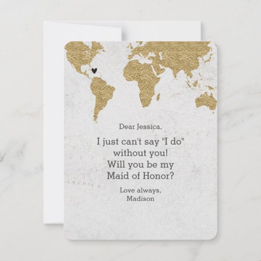 ゴールドフォイル世界地図が私のメイド・オブ・オーナー（花嫁付き添い人） 招待状 (裏面)