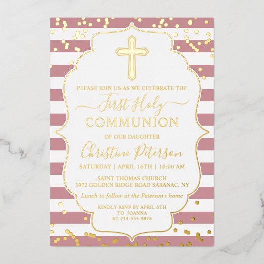 ゴールドフォイル写真ほこりっぽいピンクストライプ色のアイテム第1聖体 箔招待状 (正面)