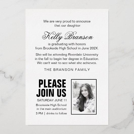 ゴールドフォイル写真卒業発表ハットオフ 箔招待状 (裏面)