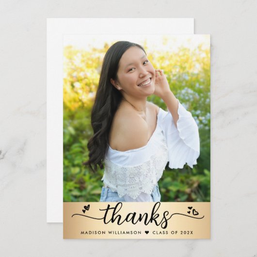 ゴールドフォイル卒業フォトスクリプモダントハート サンキューカード (正面/裏面)