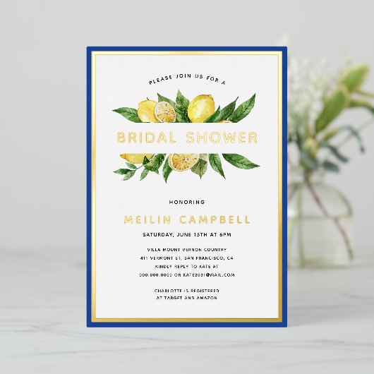 ゴールドフォイル地中海のタイルレモンブライダルシャワー 箔招待状 (立ち正面)