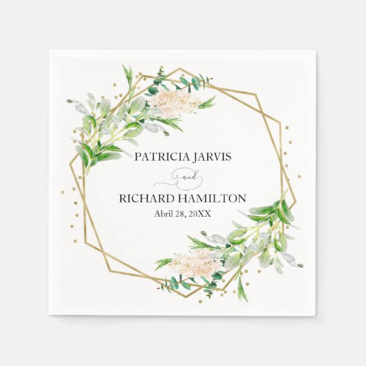 ゴールドフォイル幾何学的な緑のエレガントな結婚式 スタンダードカクテルナプキン (正面)