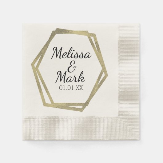 ゴールドフォイル幾何結婚フレームベージュ色 縁ありカクテルナプキン (正面)